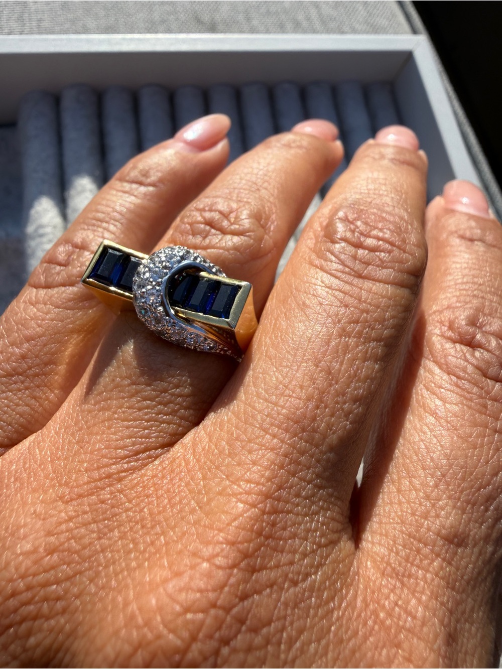 Gold and Blue Statement Cocktail Ring with Pavé Accents. Deco size 6.5